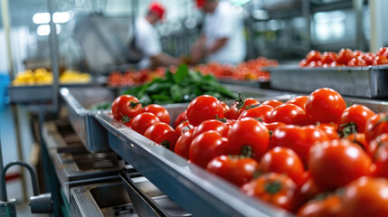 Various types of tomatoes are moving on a kitchen conveyor belt - obrazy, fototapety, plakaty