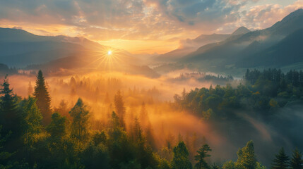 A beautiful mountain landscape with a sun shining through the trees