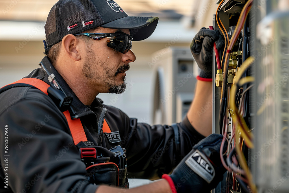 Wall mural Technician working on an HVAC unit, tools in belt, focused and professional in his job.