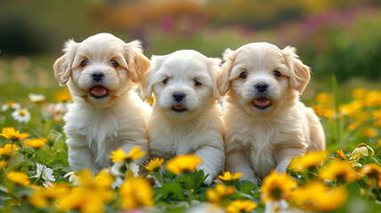 Three fluffy puppies amidst yellow flowers, with adorable expressions in a lush garden.