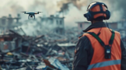 Disaster Response Team Operating Drone in Ruined Cityscape - 781408326