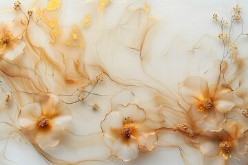 Gently detailed abstract artwork developed with beige alcohol ink and a golden border over a white backdrop and space, Generative AI.
