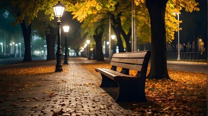 Autumn evening in an urban park, with street lighting softly illuminating the vibrant foliage and vacant seats creating a serene and reflective atmosphere. Take pictures, - obrazy, fototapety, plakaty