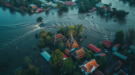 Fototapeta na wymiar Aerial View of Temple Surrounded by Floodwaters at Dusk