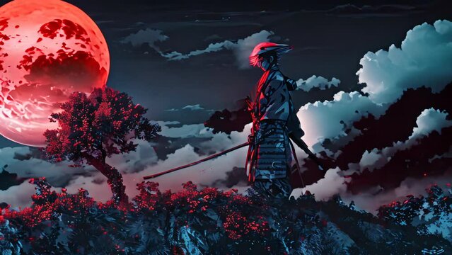 Samurai standing under a red moon with scattered petals. Digital painting with a dramatic night scene