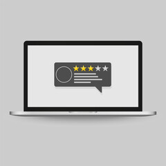 Review rating online feedback experience testimonials bubble speeches on computer vector, flat style laptop reviews stars good, bad rate, concept of customer testimony messages, notifications