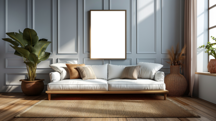 Blank poster mockup in living room with sofa isolated on transparent background