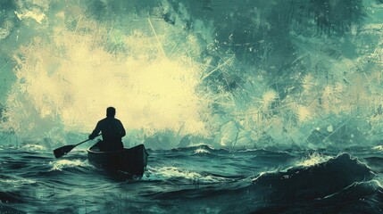 Abstract illustration of a man paddling on a canoe, lost in the vastness of the sea, evoking a sense of solitude and existential contemplation. - obrazy, fototapety, plakaty