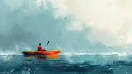Abstract illustration of a man paddling on a canoe, lost in the vastness of the sea, evoking a sense of solitude and existential contemplation. - obrazy, fototapety, plakaty