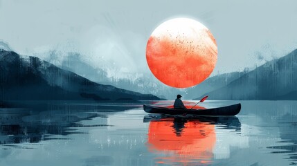 Abstract illustration of a lone adventurer on a canoe, drifting across the expansive ocean, reflecting on the concept of solitude and inner exploration. - obrazy, fototapety, plakaty