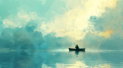 Illustration depicting a solitary journey at sea, with a man paddling on a canoe surrounded by endless waters, symbolizing solitude and self-discovery.