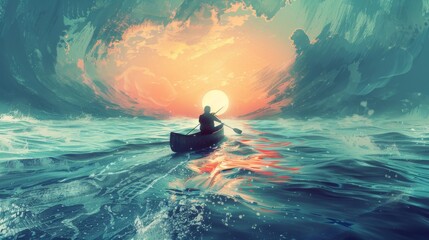 Illustration depicting a solitary journey at sea, with a man paddling on a canoe surrounded by endless waters, symbolizing solitude and self-discovery. - obrazy, fototapety, plakaty