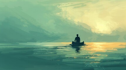 Illustration depicting a solitary journey at sea, with a man paddling on a canoe surrounded by endless waters, symbolizing solitude and self-discovery. - obrazy, fototapety, plakaty