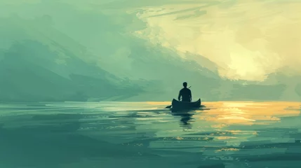 Foto op Canvas Illustration depicting a solitary journey at sea, with a man paddling on a canoe surrounded by endless waters, symbolizing solitude and self-discovery. © taelefoto