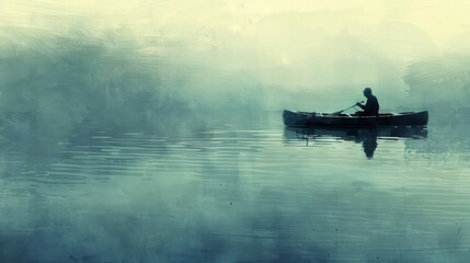 Illustration capturing the essence of solitude, with a solitary traveler on a canoe, lost amidst the serene beauty of the ocean.