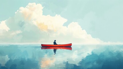 Abstract illustration capturing the essence of solitude, with a man paddling on a canoe across a serene and expansive seascape. - obrazy, fototapety, plakaty