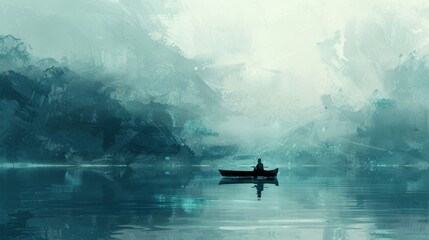 Illustration capturing the essence of solitude, with a solitary traveler on a canoe, lost amidst the serene beauty of the ocean. - obrazy, fototapety, plakaty