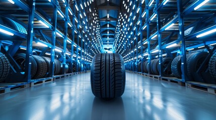 Innovative tire on display in a state-of-the-art warehouse rack, emphasizing readiness for tomorrow's vehicles, in 4k - obrazy, fototapety, plakaty