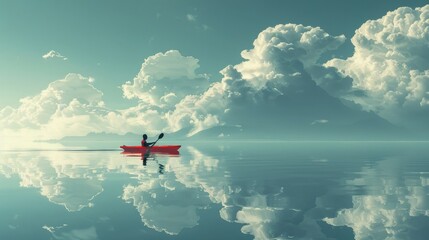 Conceptual illustration of a man lost in the vastness of the ocean, paddling on a canoe amidst calm waters, conveying a sense of solitude and inner reflection. - obrazy, fototapety, plakaty