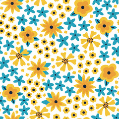 Colorful different bouquets of blue and yellow flowers seamless pattern on a white background.