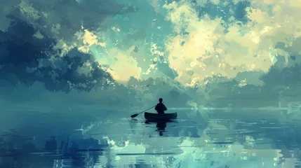Foto op Canvas Conceptual illustration of a man lost in the vastness of the ocean, paddling on a canoe amidst calm waters, conveying a sense of solitude and inner reflection. © taelefoto