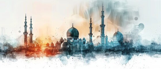 Dynamic watercolor depiction of a mosque over a white backdrop with reflection over white setting and space, Generative AI.