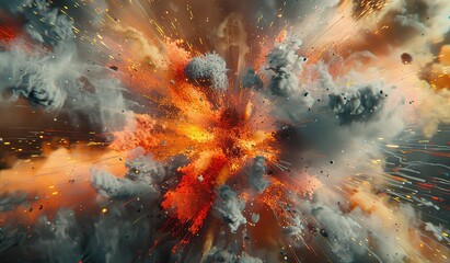 Explosive abstract orange and gray particles collision in space