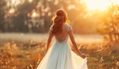 Elegant woman in a white dress enjoying a sunset in a tranquil field - obrazy, fototapety, plakaty