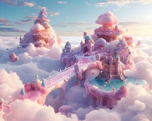 Floating Dessert Isles in a Pastel Cloud Dream World with Connecting Bridges - obrazy, fototapety, plakaty