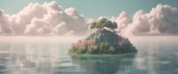  A whimsical floating island with lush greenery and cherry blossom trees amongst a sea of soft pink clouds, evoking fantasy and dreams. generative AI