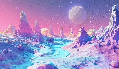 Surreal alien landscape with pastel colors and otherworldly terrain
