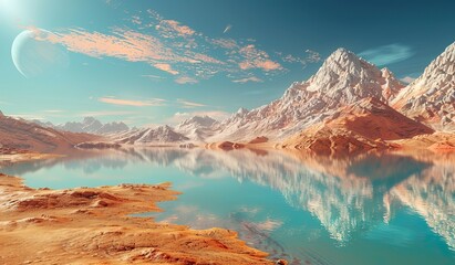 Fototapeta na wymiar Extraterrestrial landscape with serene lake and towering mountains under an alien sky