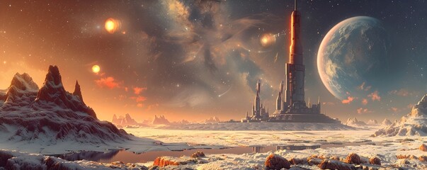 Futuristic Cryptocurrency Mining Outpost on Alien Planet with Towering Spires and Moons in the Sky - obrazy, fototapety, plakaty