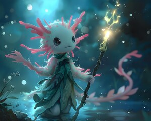 Magical Girl Axolotl Wielding Glowing Scepter in Enchanting Transformation Sequence