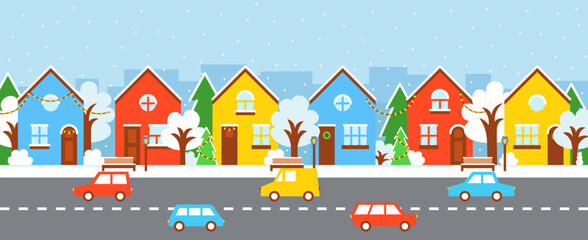 Flat city winter street. Cold cityscape with colorful cartoon houses and cars.