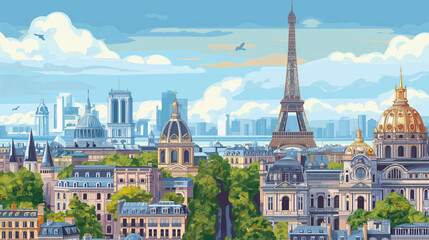 vector illustrator background with view of famous Paris landmark destination Eiffel tower, Arc de Triomphe, Notre Dame church, in Paris city France Europe