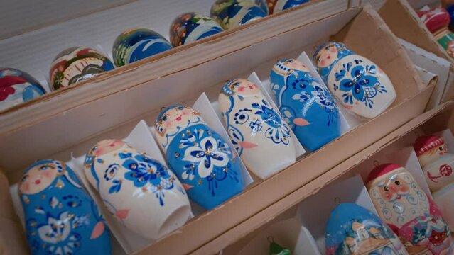 Matryoshka Dolls. Souvenirs Display Of Shop. Classic nesting dolls in traditional Russian clothes. 