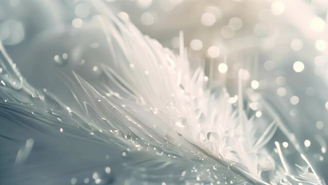 Delicate feather with water droplets on a shimmering light blue background