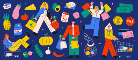 Colorful cartoon shopping concept set. Characters, shopping bags, groceries, discounts, coin, credit cards and cash isolated on dark blue background.