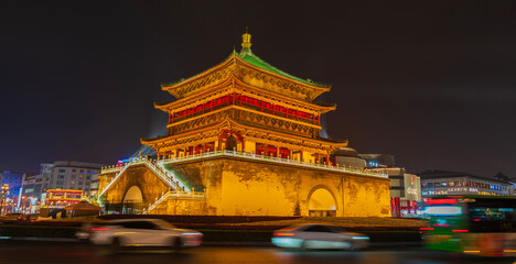 Xi'an tourism destination, Bell Tower at night, is a landmark in the center of Xi'an city in China  - obrazy, fototapety, plakaty