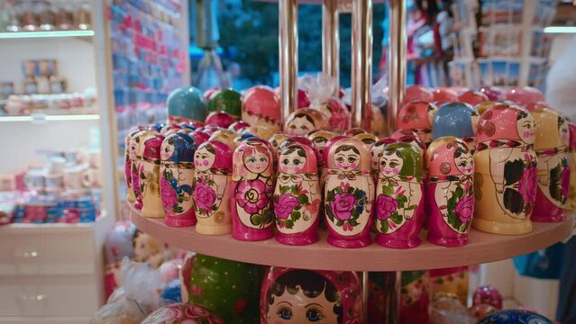 Matryoshka Dolls. Souvenirs Display Of Shop. Classic nesting dolls in traditional Russian clothes. 