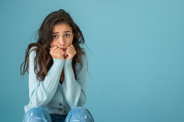 Femme anxieuse se rongeant les ongles sur un fond bleu, espace pour texte