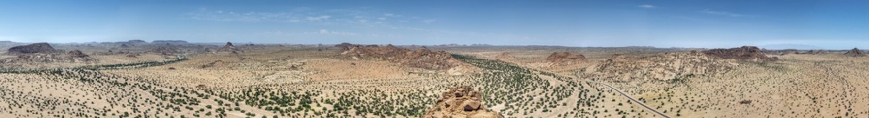 Drone panorama over the Namibian desert landscape near Twyfelfontein during the day