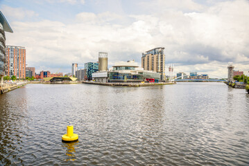 Salford Quays in Manchester on a cloudy summer day