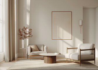 mock up poster frame in modern interior, wooden room, Scandinavian style, 3D render, 3D illustration