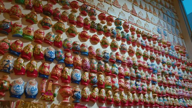 Matryoshka Dolls. Souvenirs Display Of Shop. Classic nesting dolls in traditional Russian clothes. 