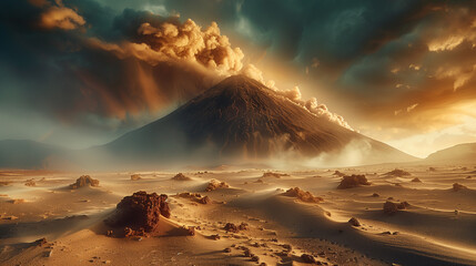 Paysage désertique et volcanique avec un volcan en éruption, terre fumante pour un effet post-apocalyptique - obrazy, fototapety, plakaty