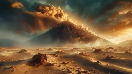 Fotobehang Paysage désertique et volcanique avec un volcan en éruption, terre fumante pour un effet post-apocalyptique © Leopoldine