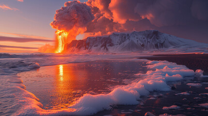 Eruption volcanique vue depuis la plage, paysage de volcans côtiers en éruptions au crépuscule, Islande - obrazy, fototapety, plakaty
