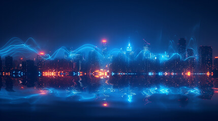 Fototapeta premium Smart city and big data connection technology concept with digital blue wavy wires with antennas on night megapolis city skyline background, double exposure.